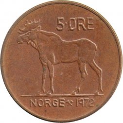 Норвегия 5 эре 1972 год - Король Улаф V. Лось