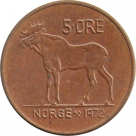 Норвегия 5 эре 1972 год - Король Улаф V. Лось