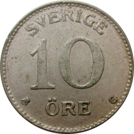 Швеция 10 эре 1941 года - Король Густав V (три короны на аверсе)