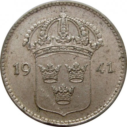 Швеция 10 эре 1941 года - Король Густав V (три короны на аверсе)