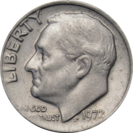 США 1 дайм (10 центов) 1972 год - Франклин Рузвельт (без отметки МД)