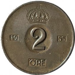 Швеция 2 эре 1955 год - Король Густав VI Адольф