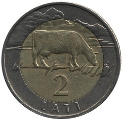 Монета Латвия 2 лата 1999 год - Корова (XF)