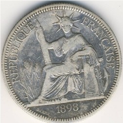 Монета Французский Индокитай 1 пиастр 1898 год