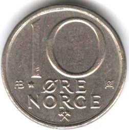 Норвегия 10 эре 1980 год (Отметка монетного двора: "AB*")