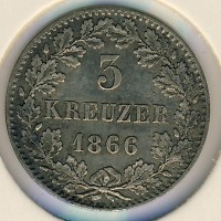 Монета Баден 3 крейцера 1866 год