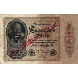 Германия (Веймарская Республика) 1000 марок 1922 год надпечатка 1000000000 (миллиард) марок - прокол -VF