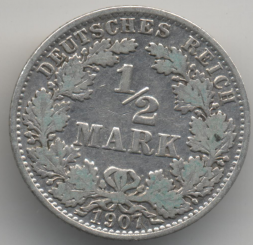 Германия 1/2 марки 1907 год (А)