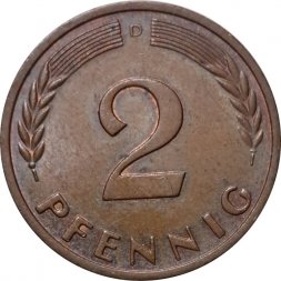 ФРГ 2 пфеннига 1966 год - D