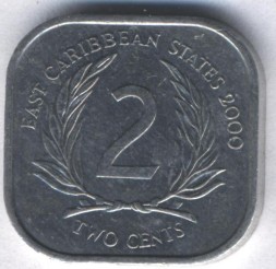Монета Восточные Карибы 2 цента 2000 год