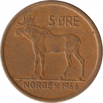 Норвегия 5 эре 1966 год. Улаф V. Лось.