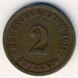 Германия 2 пфеннига 1911 год (F)