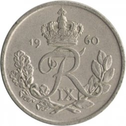 Дания 25 эре 1960 год - Король Фредерик IX (старый тип)