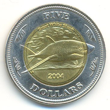 Кокосовые острова 5 долларов 2004 год - Большая белая акула