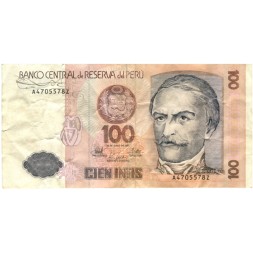 Перу 100 инти 1987 год - Рамон Кастилья. Хлопкопрядение. Герб VF