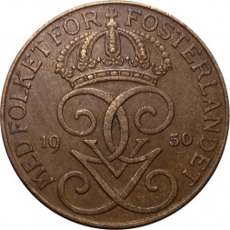 Швеция 5 эре 1950 год - Король Густав V (бронза)