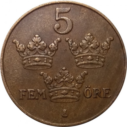 Швеция 5 эре 1950 год - Король Густав V (бронза)