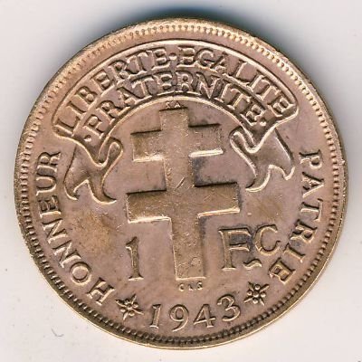 Камерун 1 франк 1943 год - CAMEROUN FRANCAIS LIBRE