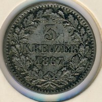 Монета Баден 3 крейцера 1867 год