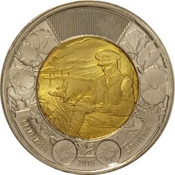 Канада 2 доллара 2015 год - 100 лет стихотворению "На полях Фландрии"