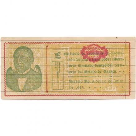 Мексика 1 песо 1915 год - Генеральный казначей штата Оахаса - серия Z - бумага с горизонтальными линиями - aUNC