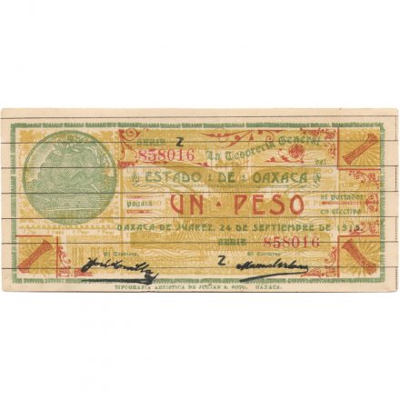Мексика 1 песо 1915 год - Генеральный казначей штата Оахаса - серия Z - бумага с горизонтальными линиями - aUNC