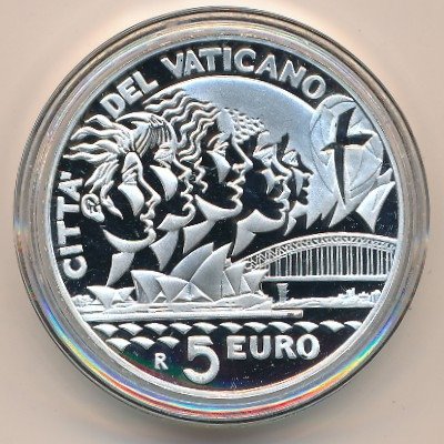 Ватикан 5 евро 2008 год - Всемирный день молодежи в Сиднее. Папа Бенедикт XVI