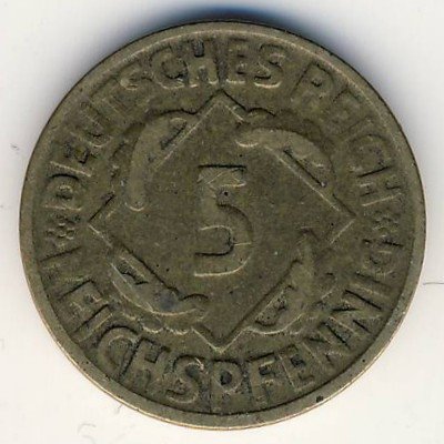 Веймарская республика 5 рейхспфеннигов 1925 год (D)