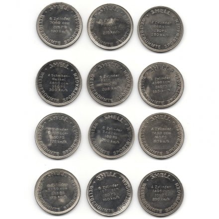 Набор из 12 жетонов SHELL. Всемирно известные спортивные машины