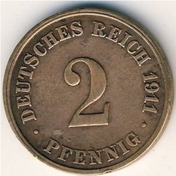 Германия 2 пфеннига 1911 год (J)