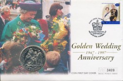 Новая Зеландия 5 долларов 1997 год - Золотая Королевская Свадьба (в конверте с маркой)