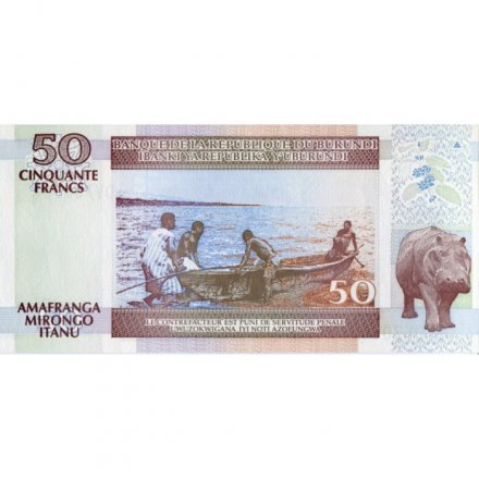 Бурунди 50 франков 2007 год - Герб. Рыбаки. Бегемот (Hippopotamus amphibius) - UNC