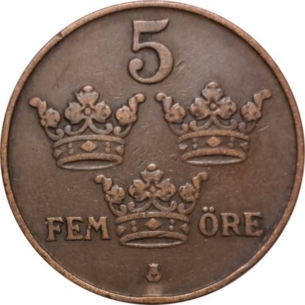 Швеция 5 эре 1916 год (длинный хвостик у &quot;6&quot;) - Король Густав V