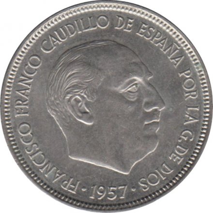 Испания 5 песет 1957 год - Франсиско Франко (73 внутри звезды)