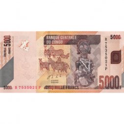 Конго 5000 франков 2020 год - Зебры. Две цесарки и плоды маниоки - UNC