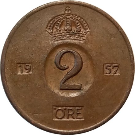 Швеция 2 эре 1957 год - Король Густав VI Адольф