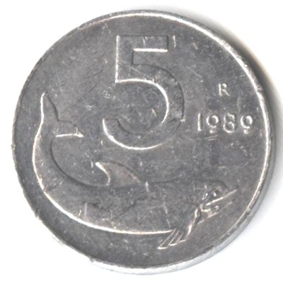 Италия 5 лир 1989 год
