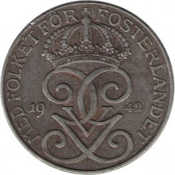 Швеция 5 эре 1942 год - Король Густав V (железо)
