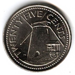 Монета Барбадос 25 центов 2011 год - Cахарная мельница