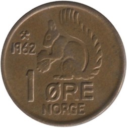 Норвегия 1 эре 1962 год - Король Улаф V. Белка