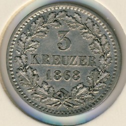 Монета Баден 3 крейцера 1868 год