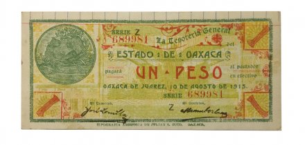 Мексика 1 песо 1915 год - Генеральный казначей штата Оахаса - серия Z - бумага с вертикальными линиями - АU
