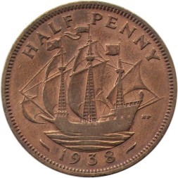 Великобритания 1/2 пенни 1938 год - Король Георг VI. Корабль «Золотая лань»