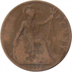 Великобритания 1 пенни 1919 год - Король Георг V (без отметки МД)