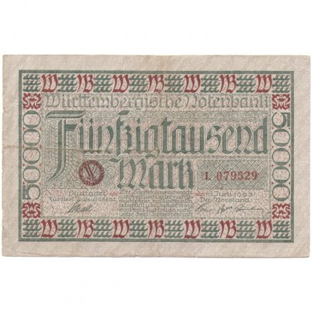 Германия (Вюртемберг) 50000 марок 1923 год - Notenbank (Штутгарт) - VF