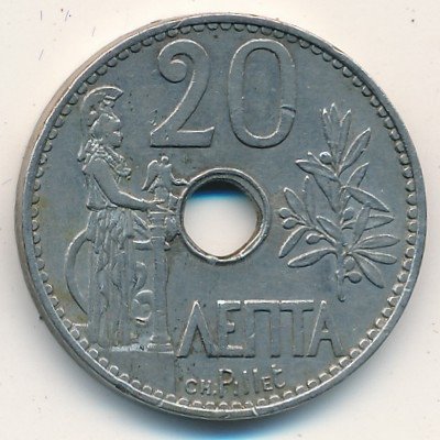Греция 20 лепт 1912 год - Богиня Афина. Оливковая ветвь