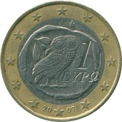 Греция 1 евро 2007 год - Сова