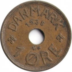 Дания 1 эре 1938 год - Король Кристиан X