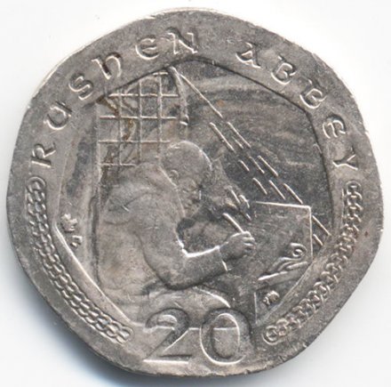 Остров Мэн 20 пенсов 2002 год - Монах-летописец аббатства Рушен