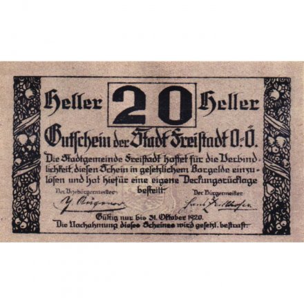 Австрия (нотгельд) 20 геллеров 1920 год - Фрайштадт - XF+